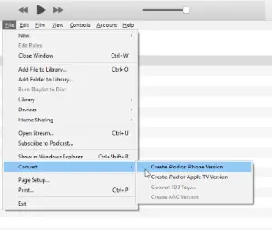 iTunes Menu Option - Convert Movie File